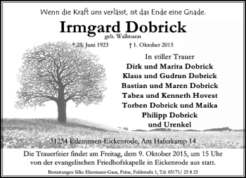 Traueranzeige von Irmgard Dobrick von Peiner Allgemeine Zeitung