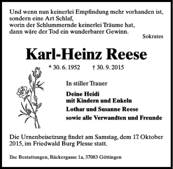Traueranzeige von Karl-Heinz Reese von Göttinger Tageblatt