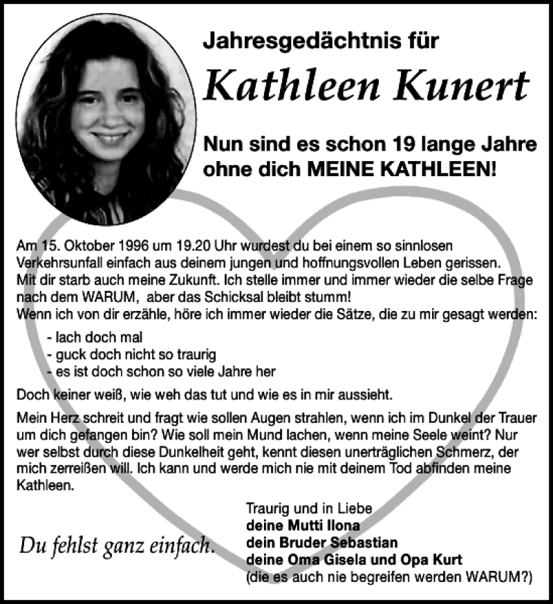  Traueranzeige für verunglückt Kathleen Kunert vom 15.10.2015 aus Leipziger Volkszeitung