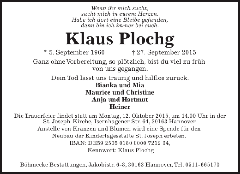  Traueranzeige für Klaus Plochg vom 02.10.2015 aus HAZ/NP