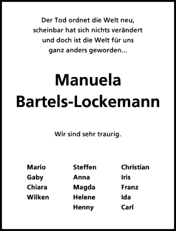 Traueranzeige von Manuela Bartels-Lockemann von Göttinger Tageblatt