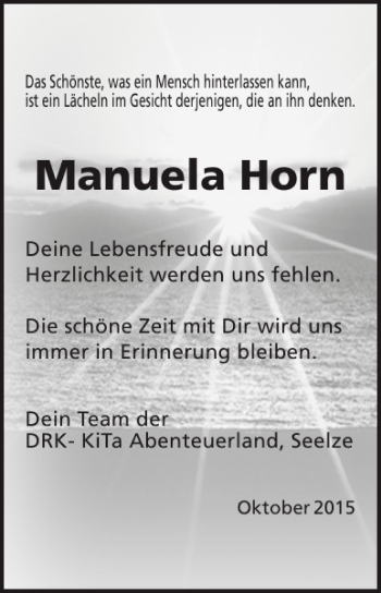 Traueranzeige von Manuela Horn von HAZ/NP