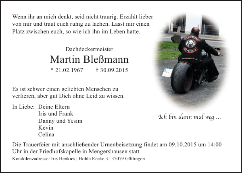  Traueranzeige für Martin Bleßmann vom 07.10.2015 aus Göttinger Tageblatt