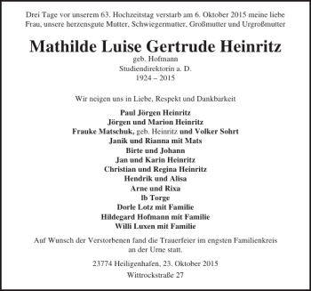 Traueranzeige von Mathilde Luise Gertrude Heinritz von Lübecker Nachrichten