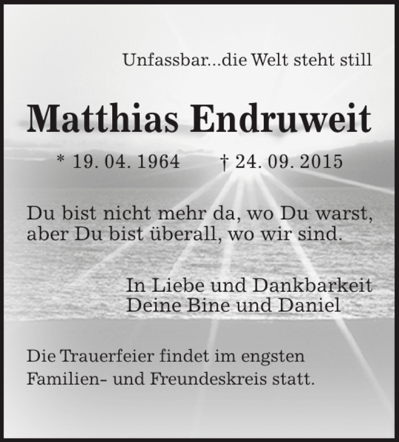  Traueranzeige für Matthias Endruweit vom 02.10.2015 aus HAZ/NP
