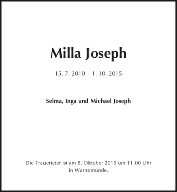 Traueranzeige von Milla Joseph von Ostsee-Zeitung