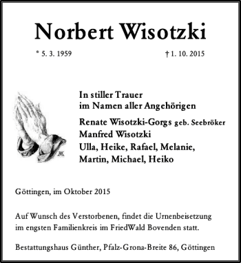 Traueranzeige von Norbert Wisotzki von Göttinger Tageblatt