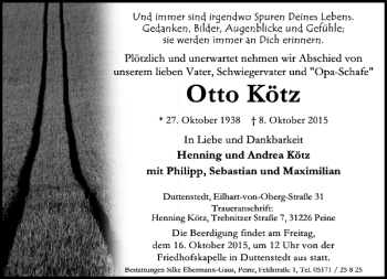 Traueranzeige von Otto Kötz von Peiner Allgemeine Zeitung