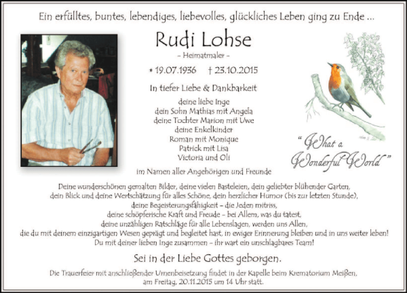  Traueranzeige für Rudi Lohse vom 30.10.2015 aus Sächsische Zeitung