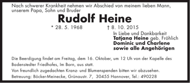  Traueranzeige für Rudolf Heine vom 14.10.2015 aus HAZ/NP