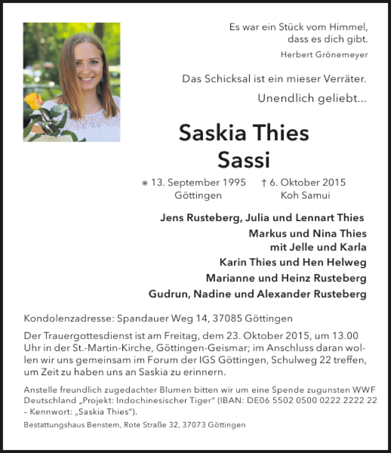  Traueranzeige für Saskia Thies vom 17.10.2015 aus Göttinger Tageblatt
