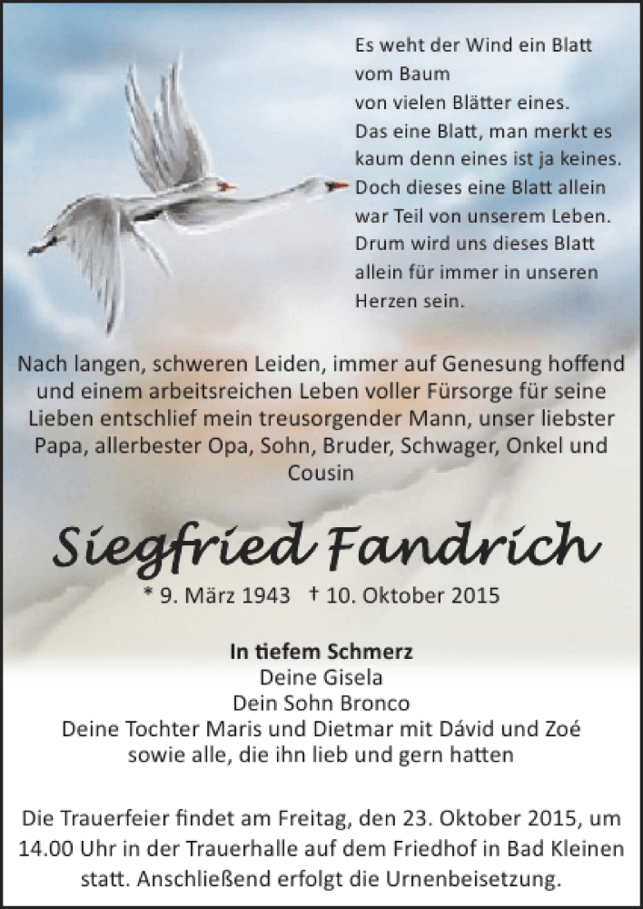  Traueranzeige für Siegfried Fandrich vom 17.10.2015 aus Ostsee-Zeitung