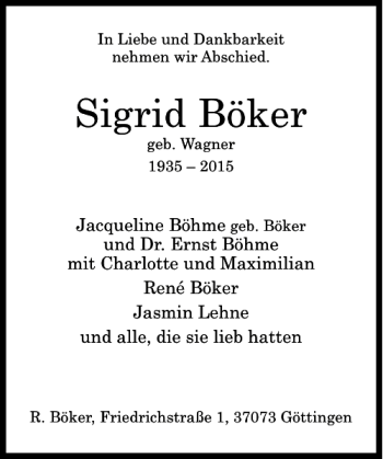 Traueranzeige von Sigrid Böker von Göttinger Tageblatt