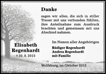 Traueranzeige von Trauer Elisabeth Regenharth von Aller Zeitung / Wolfsburger Allgemeine