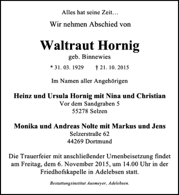 Traueranzeige von Waltraut Hornig von Göttinger Tageblatt