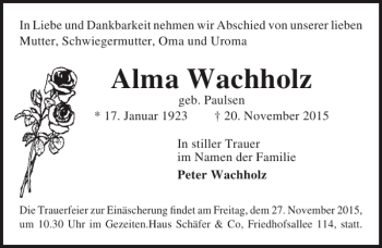 Traueranzeige von Alma Wachholz von Lübecker Nachrichten