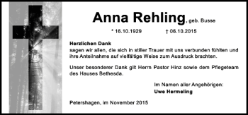 Traueranzeige von Anna Rehling von Schaumburger Nachrichten