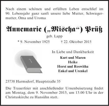 Traueranzeige von Annemarie Mischa Prüß von Lübecker Nachrichten