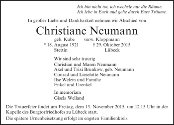 Traueranzeige von Christiane Neumann von Lübecker Nachrichten