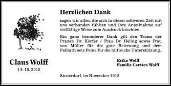 Traueranzeige von Claus Wolff von Peiner Allgemeine Zeitung