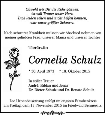 Traueranzeige von Cornelia Schulz von Leipziger Volkszeitung