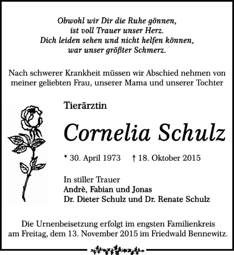  Traueranzeige für Cornelia Schulz vom 07.11.2015 aus Leipziger Volkszeitung