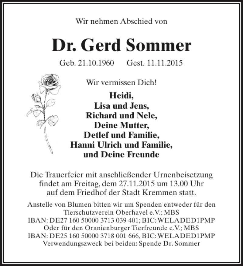  Traueranzeige für Dr. Gerd Sommer vom 21.11.2015 aus MAZ-Trauer.de