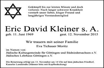 Traueranzeige von Eric David Kleiner s.A. von Göttinger Tageblatt