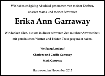 Traueranzeige von Erika Anne Garraway von HAZ/NP