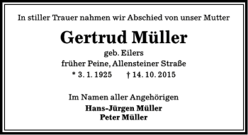 Traueranzeige von Gertrud Müller von Peiner Allgemeine Zeitung
