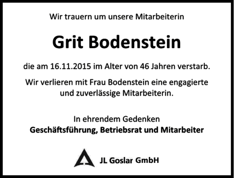  Traueranzeige für Grit Bodenstein vom 21.11.2015 aus Göttinger Tageblatt
