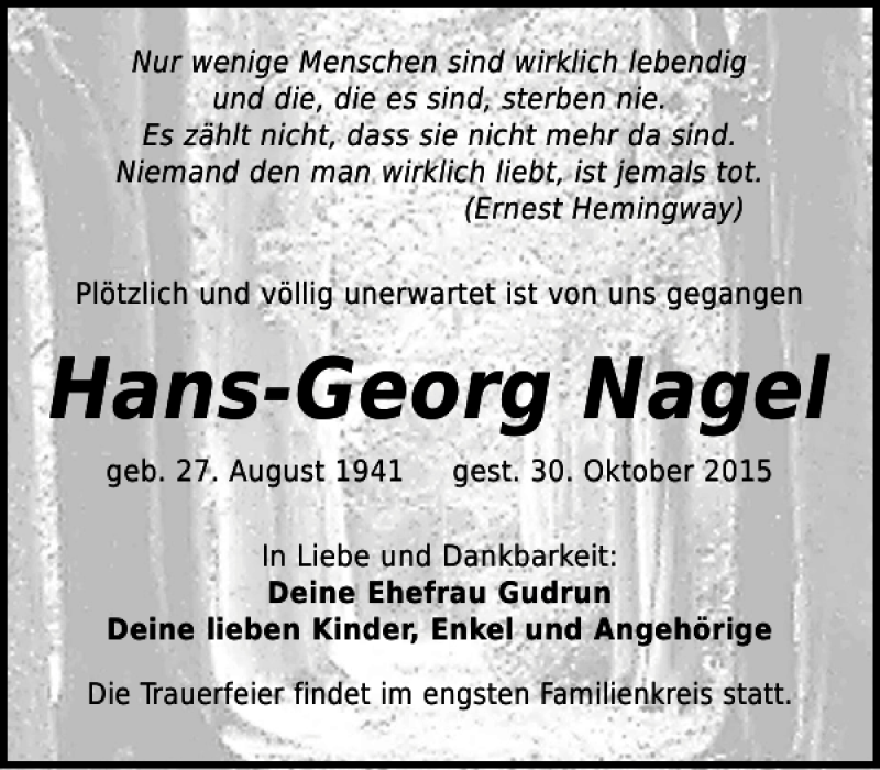  Traueranzeige für Hans-Georg Nagel vom 07.11.2015 aus Leipziger Volkszeitung