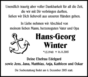 Traueranzeige von Hans-Georg Winter von Ostsee-Zeitung