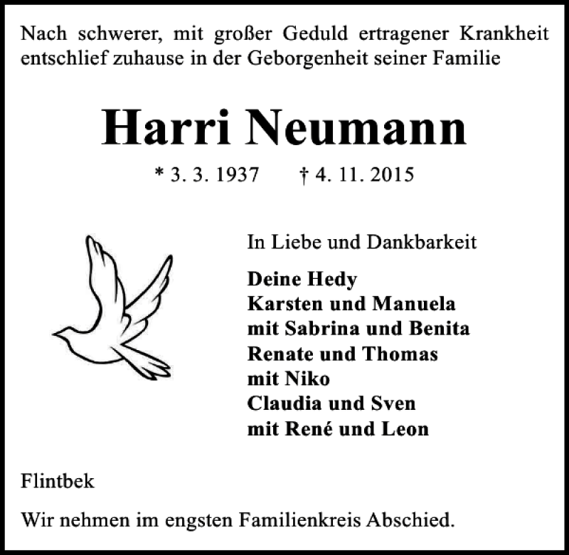  Traueranzeige für Harri Neumann vom 07.11.2015 aus Kieler Nachrichten / Segeberger Zeitung