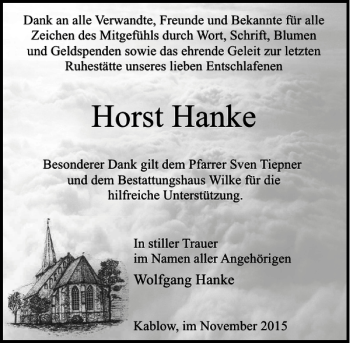 Traueranzeige von Horst Hanke von MAZ-Trauer.de