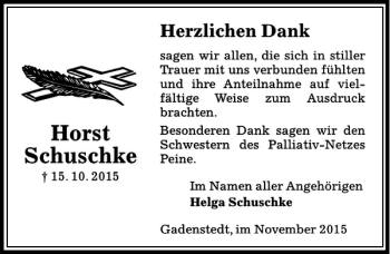Traueranzeige von Horst Schuschke von Peiner Allgemeine Zeitung