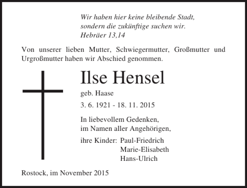  Traueranzeige für Ilse Hensel vom 28.11.2015 aus Ostsee-Zeitung