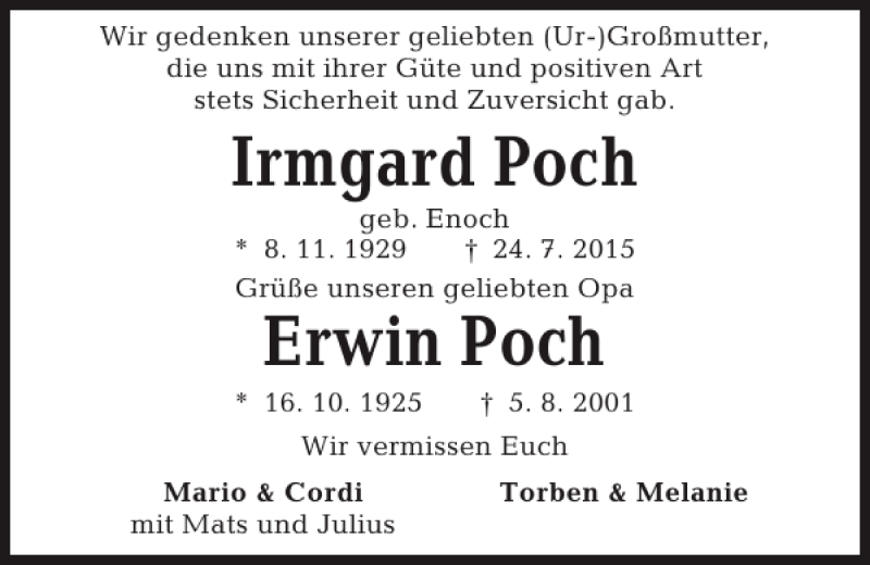  Traueranzeige für Irmgard Poch Erwin Poch vom 07.11.2015 aus Kieler Nachrichten / Segeberger Zeitung