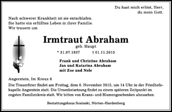 Traueranzeige von Irmtraut Abraham von Göttinger Tageblatt