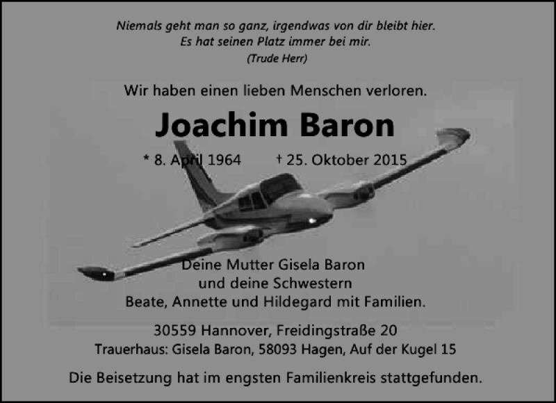  Traueranzeige für Joachim Baron vom 10.11.2015 aus HAZ/NP