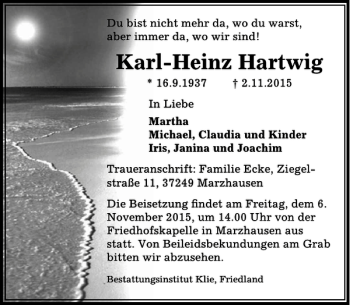 Traueranzeige von Karl-Heinz Hartwig von Göttinger Tageblatt