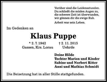 Traueranzeige von Klaus Puppe von Aller Zeitung / Wolfsburger Allgemeine