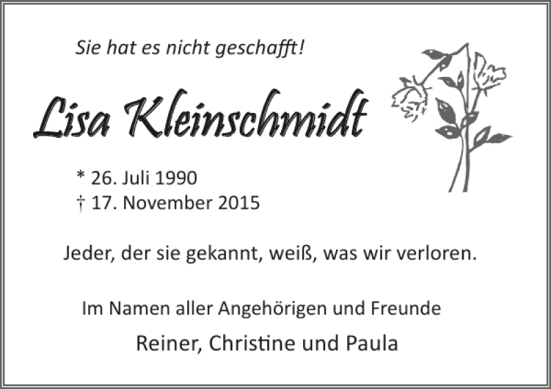  Traueranzeige für Lisa Kleinschmidt vom 28.11.2015 aus Ostsee-Zeitung