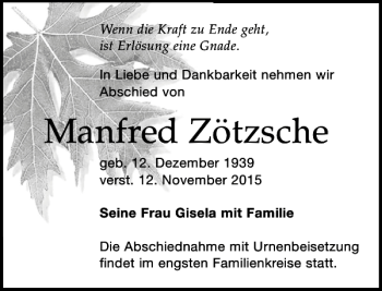 Traueranzeige von Manfred Zötzsche von Leipziger Volkszeitung