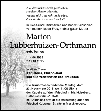 Traueranzeige von Marion Lubberhuizen-Orthmann von Leipziger Volkszeitung