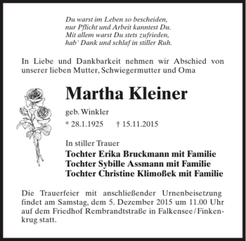 Traueranzeige von Martha Kleiner von MAZ-Trauer.de