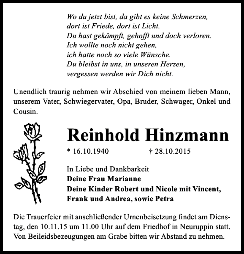  Traueranzeige für Reinhold Hinzmann vom 04.11.2015 aus MAZ-Trauer.de