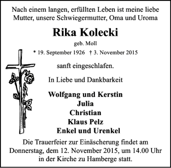 Traueranzeige von Rika Kolecki von Lübecker Nachrichten