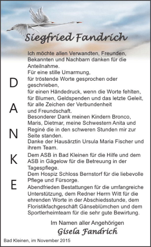  Traueranzeige für Siegfried Fandrich vom 07.11.2015 aus Ostsee-Zeitung