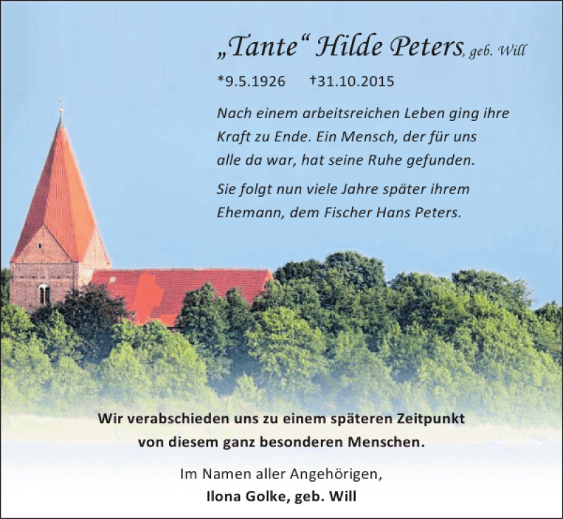  Traueranzeige für Tante Hilde Peters vom 07.11.2015 aus Ostsee-Zeitung